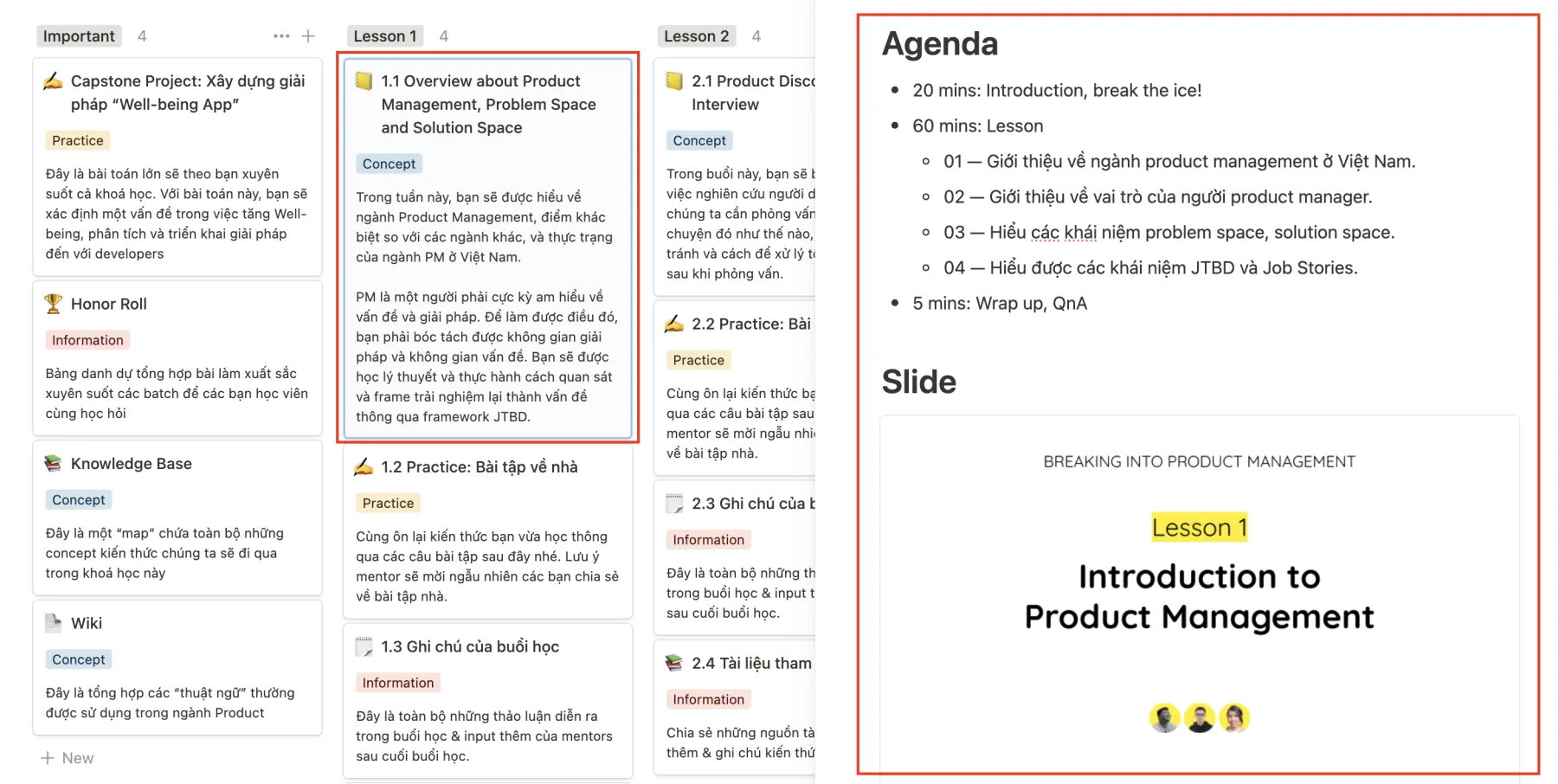 Nội dung một lesson: agenda và slide bài giảng