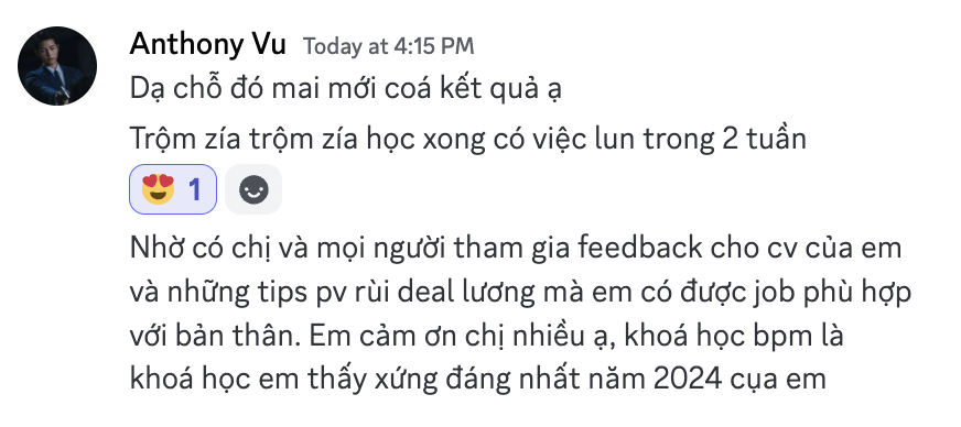 Tin nhắn Slack của Anthony Vu: học xong có việc trong 2 tuần, BPM là khoá học xứng đáng nhất năm 2024.