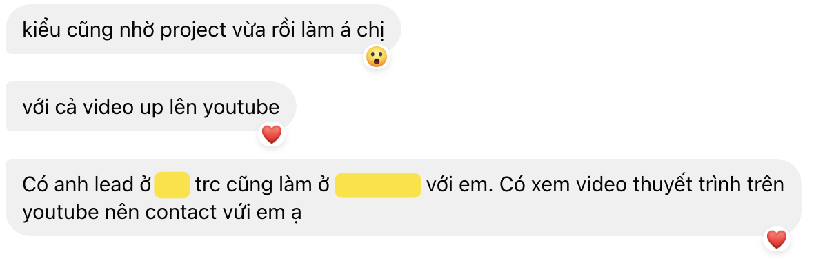 Tin nhắn học viên: nhờ final project và video thuyết trình trên YouTube mà một anh lead chủ động liên hệ.