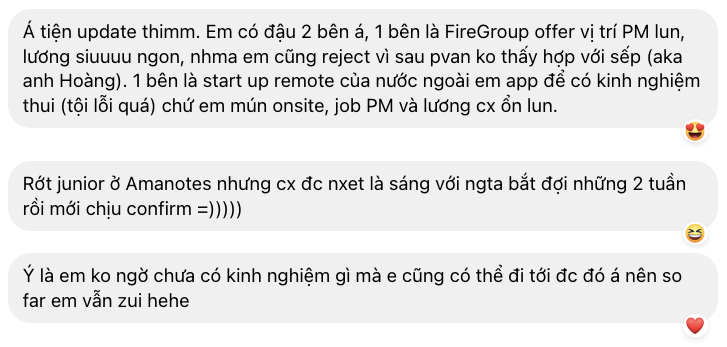 Tin nhắn học viên: đậu 2 nơi, trong đó FireGroup offer vị trí PM với lương tốt.