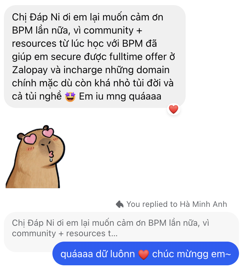 Tin nhắn của Hà Minh Anh: community và resources từ BPM giúp em secure fulltime offer ở ZaloPay và in-charge domain chính.
