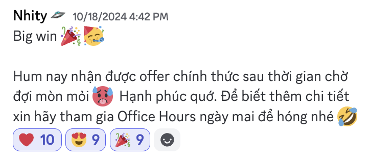 Tin nhắn của Nhity: Big win, hôm nay nhận được offer chính thức sau thời gian chờ đợi.