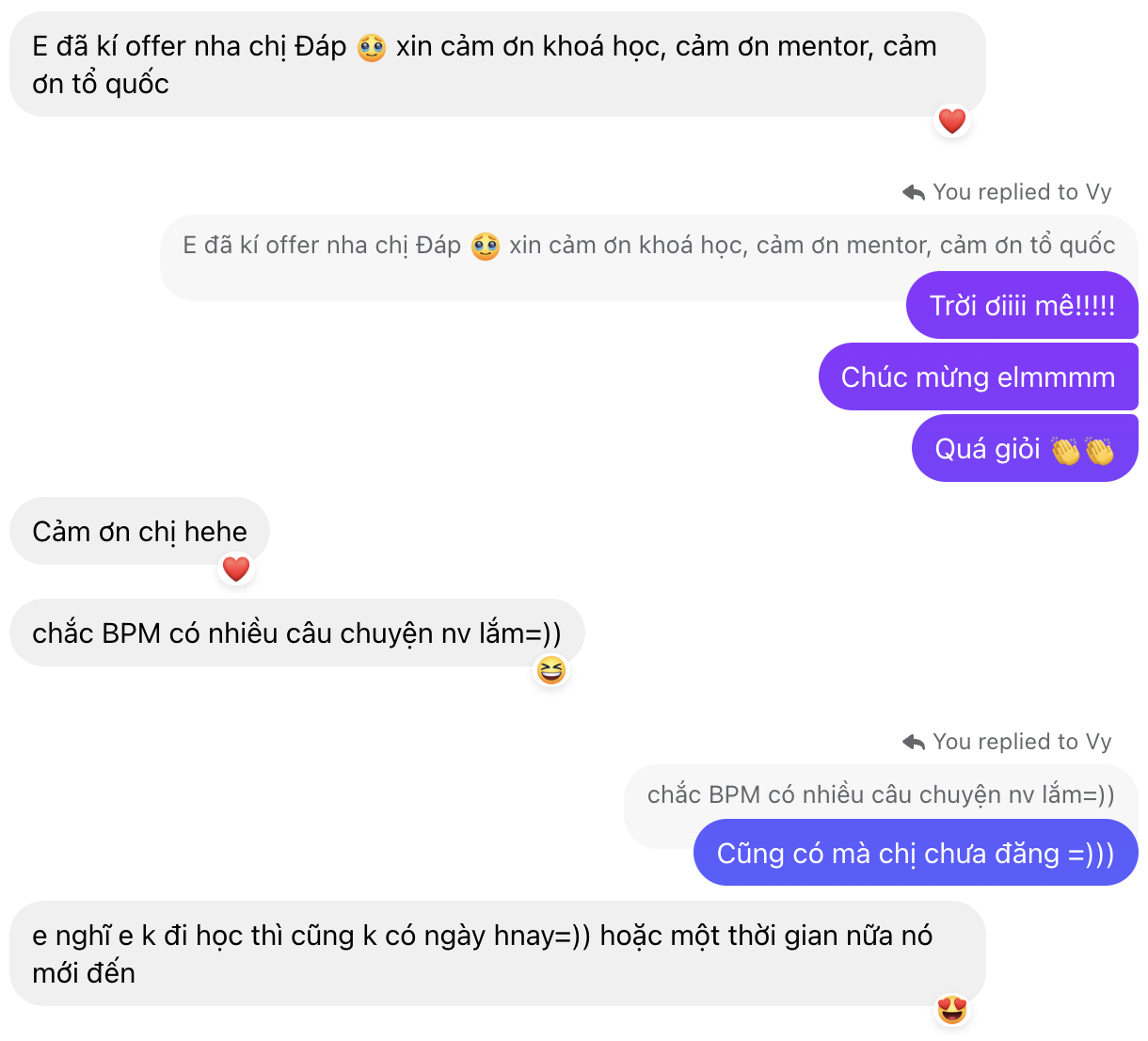 Tin nhắn của Vy: em đã ký offer, cảm ơn khoá học và mentor; nếu không đi học thì chưa có ngày hôm nay.